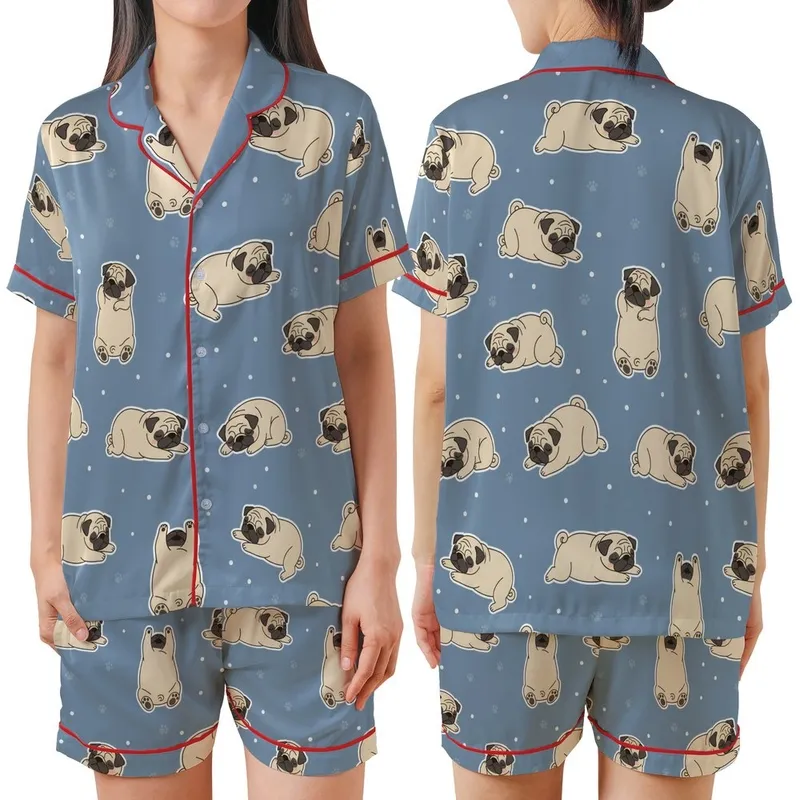 Pug Lovers' Muted Dusty Blue Seamless Pattern with Cute Resting Cream Pugs, White Outlines, and Polka Dots Satin Short-Sleeve Pajamas Set - 1