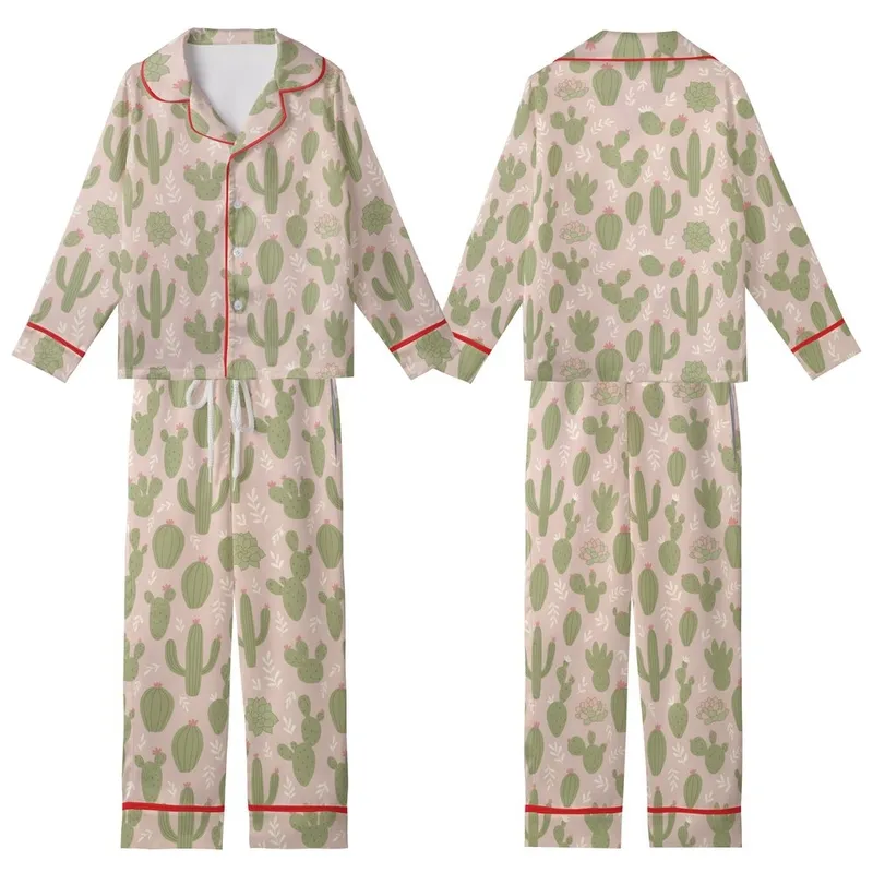 Women's Whimsical Sage Cactus Blossom Pattern Blush Pink Sleep Set Kid Satin Pajamas Set - CCbet97ZsT