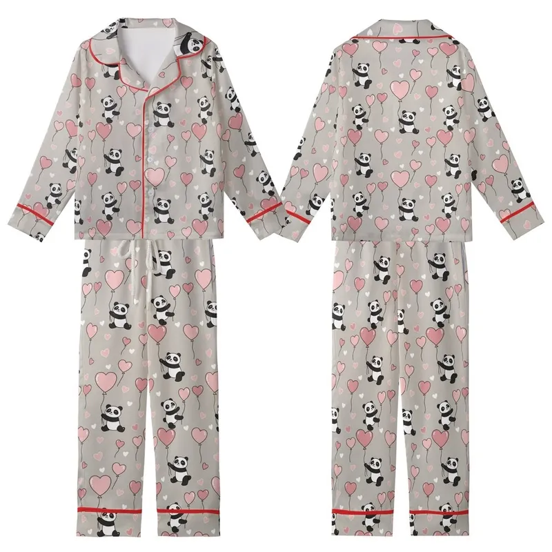 Panda Lover's Sleep Set: Playful Cartoon Pandas, Blush Pink Hearts, Cozy Loungewear Kid Satin Pajamas Set - G3kQAagkKL