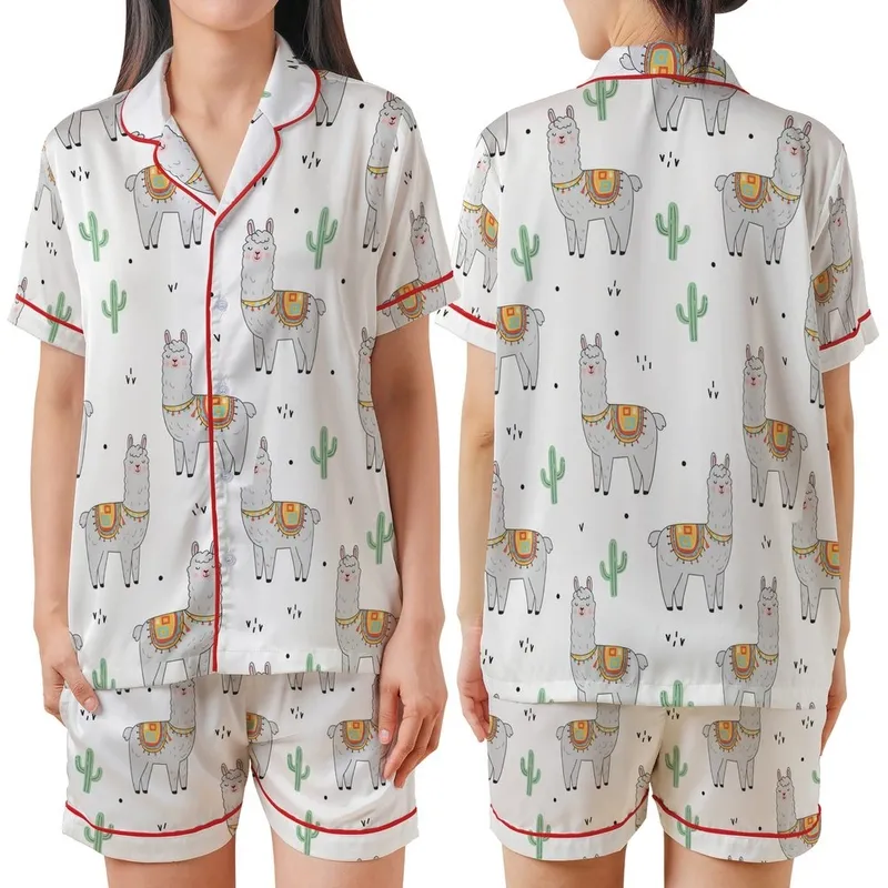 Llama Lover Pajamas: Whimsical Light Grey Llama & Pastel Cactus Pattern Satin Short-Sleeve Pajamas Set - 1