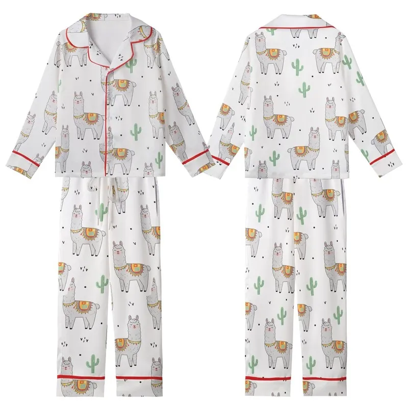 Llama Lover Pajamas: Whimsical Light Grey Llama & Pastel Cactus Pattern Kid Satin Pajamas Set - 1