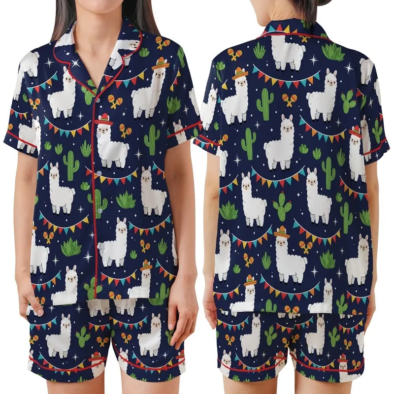 Llama Lovers' Whimsical White Llama Sombrero Cactus Bunting Navy Blue Desert Art Satin Short-Sleeve Pajamas Set - 1