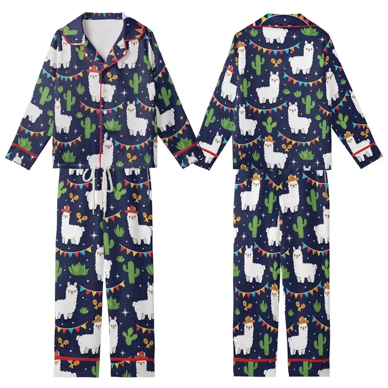 Llama Lovers' Whimsical White Llama Sombrero Cactus Bunting Navy Blue Desert Art Kid Satin Pajamas Set - 1