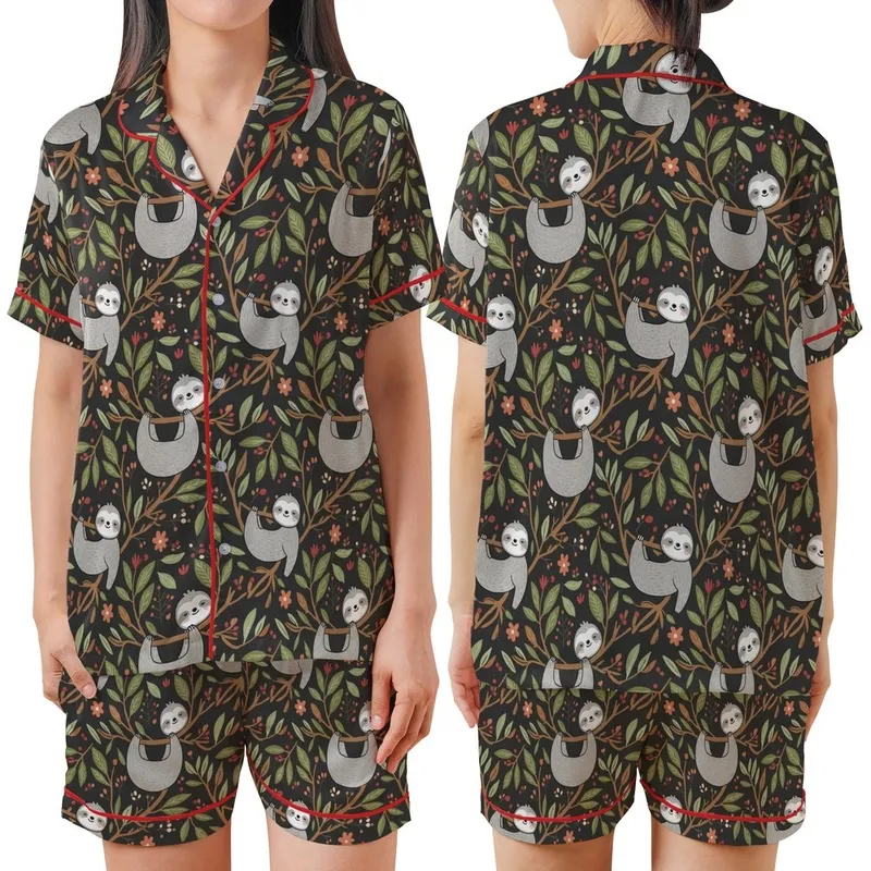 Sloth Lover Pajamas: Whimsical Forest Sloths & Foliage Pattern -  Sleep Set Satin Short-Sleeve Pajamas Set - 1