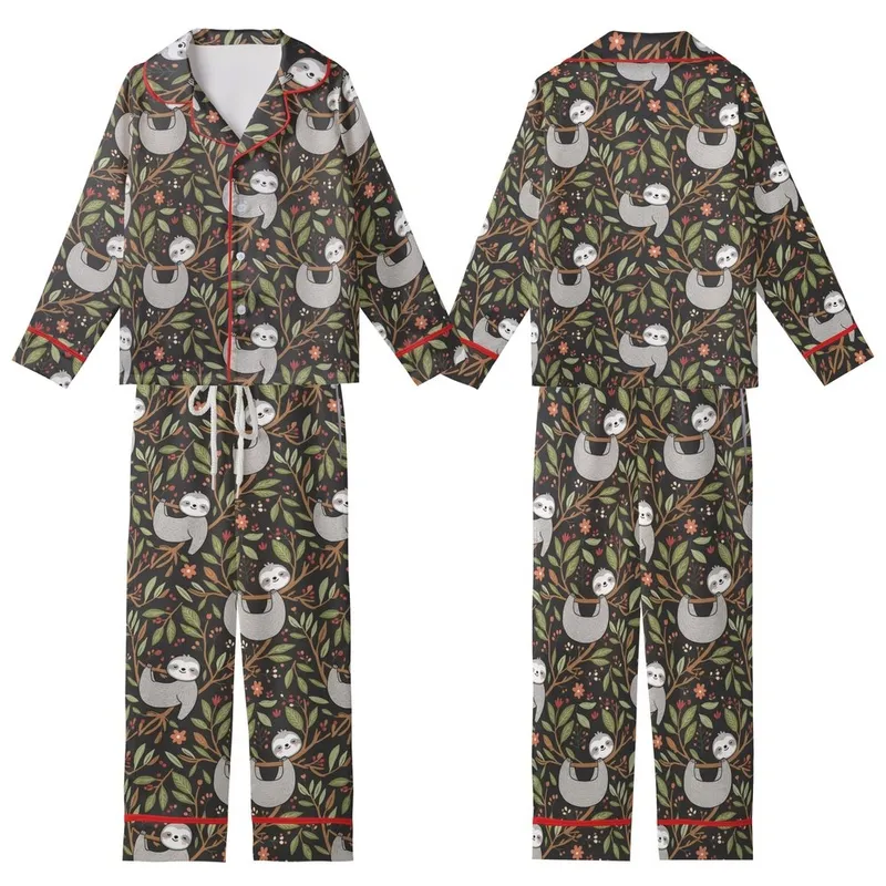 Sloth Lover Pajamas: Whimsical Forest Sloths & Foliage Pattern -  Sleep Set Satin Short-Sleeve Pajamas Set - 1