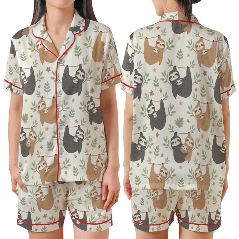 Sloth Lover's Cute Cartoon Sloths & Jungle Leaves Canvas Footwear Satin Short-Sleeve Pajamas Set - 1