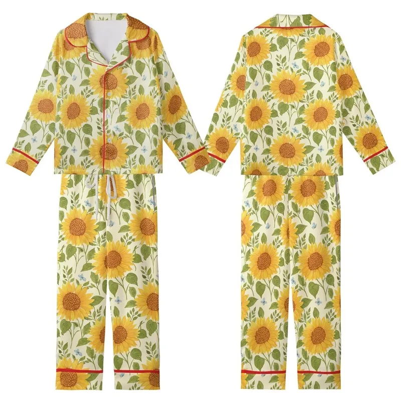 Women's Golden Yellow Sunflower & Light Blue Butterfly Creamy Yellow Watercolor Floral Kid Satin Pajamas Set - 1