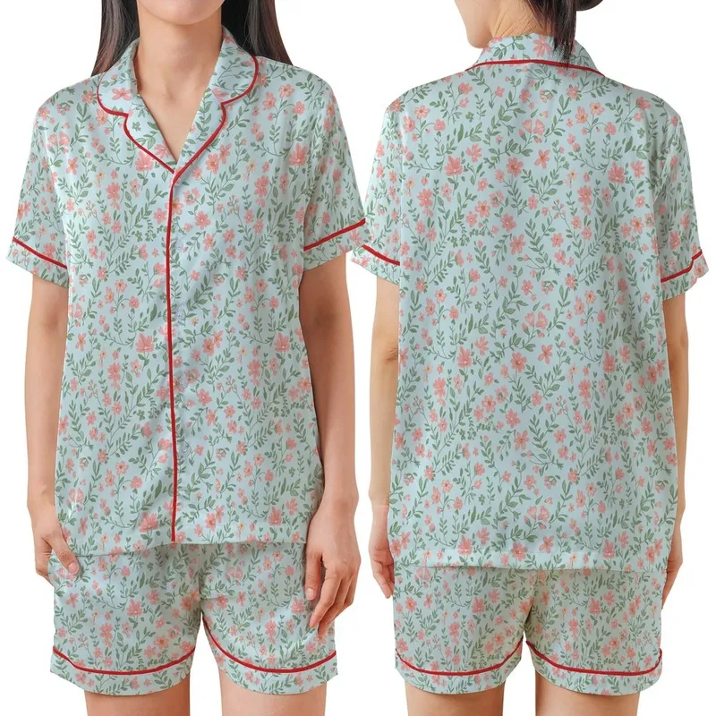 Women's Elegant Floral Pajama Set: Sky Blue Ditsy Wildflower, Open Front Ruffle Top & Pants Satin Short-Sleeve Pajamas Set - 1