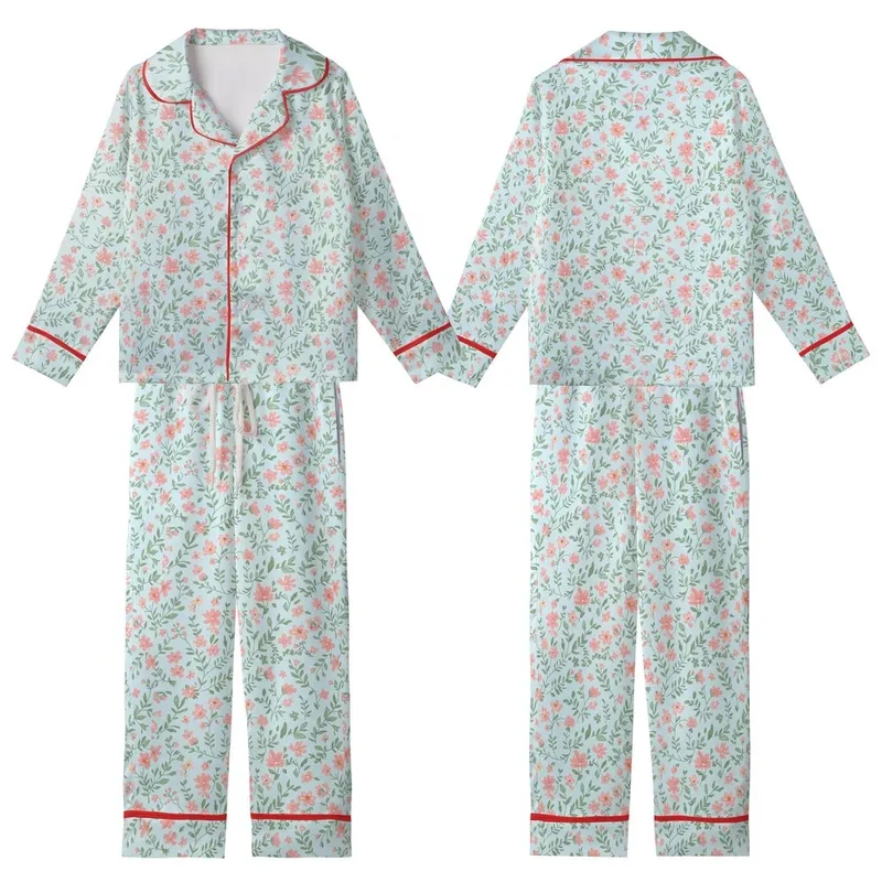 Women's Elegant Floral Pajama Set: Sky Blue Ditsy Wildflower, Open Front Ruffle Top & Pants Kid Satin Pajamas Set - 1