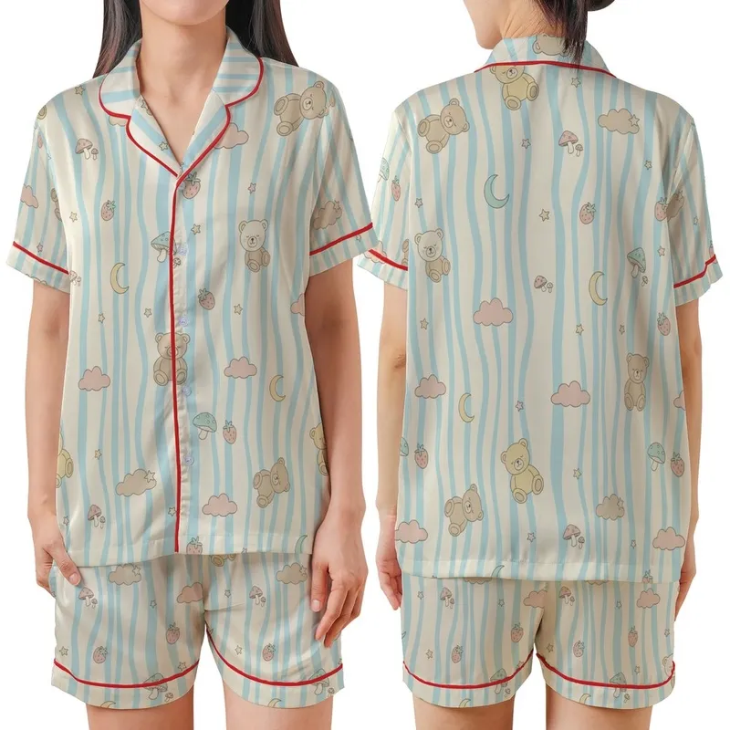 Women's Cute Bear Cloud Two-Piece Loungewear: Cream Blue Wavy Long Sleeve V-Neck Set Satin Short-Sleeve Pajamas Set - 1