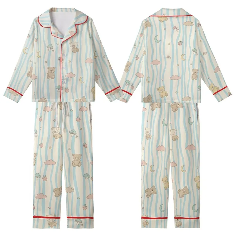 Women's Cute Bear Cloud Two-Piece Loungewear: Cream Blue Wavy Long Sleeve V-Neck Set Kid Satin Pajamas Set - 1