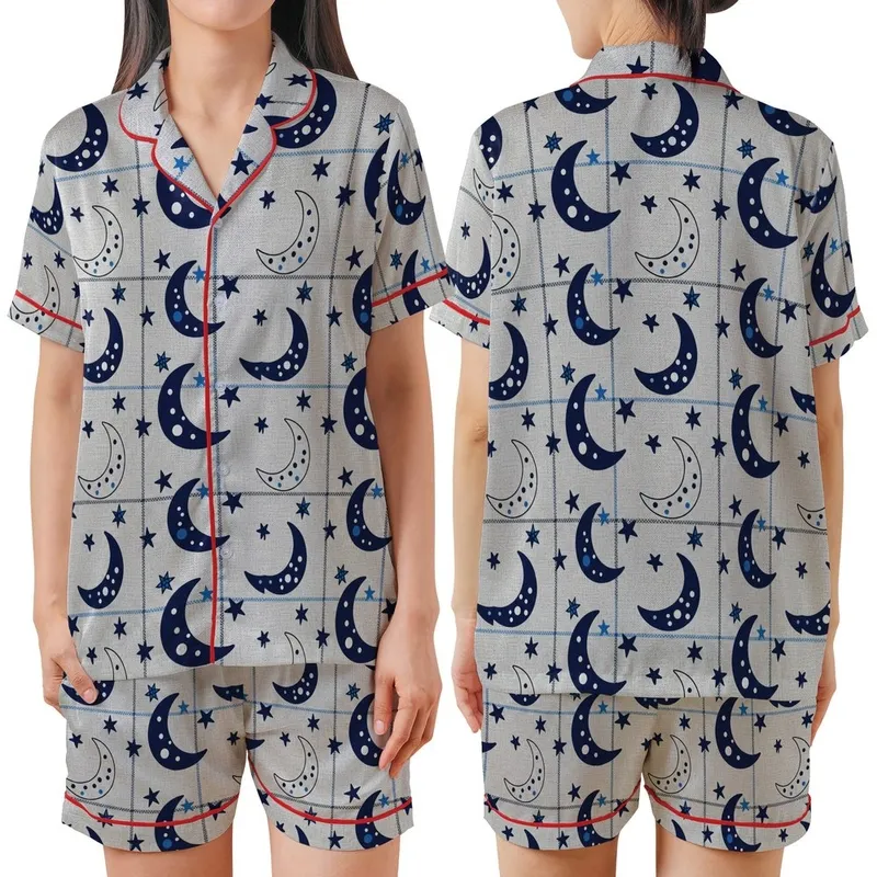 Gray Moon & Stars Pajama Sleep Set: Stylized Navy Crescent & Subtle Geometric Plaid Design Satin Short-Sleeve Pajamas Set - 1