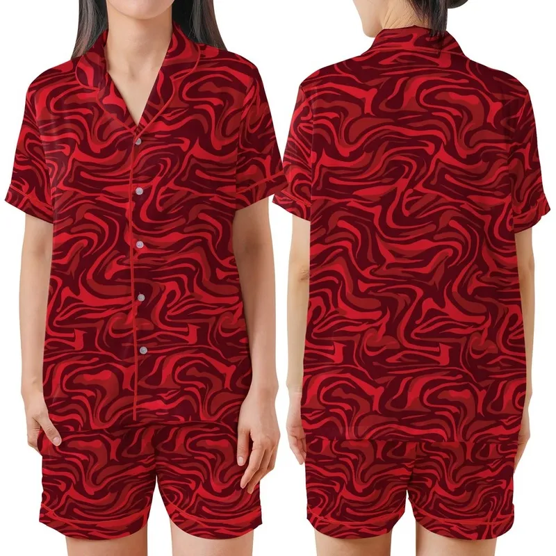 Women's All-Season Ruby Red Abstract Silk Pattern Polyester V-Neck Shorts Pajama Set Satin Short-Sleeve Pajamas Set - 1