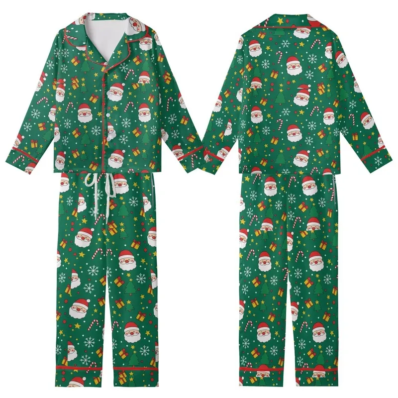Women's Emerald Green Whimsical Santa & Candy Cane V-Neck Button Sleep Set Kid Satin Pajamas Set - 1