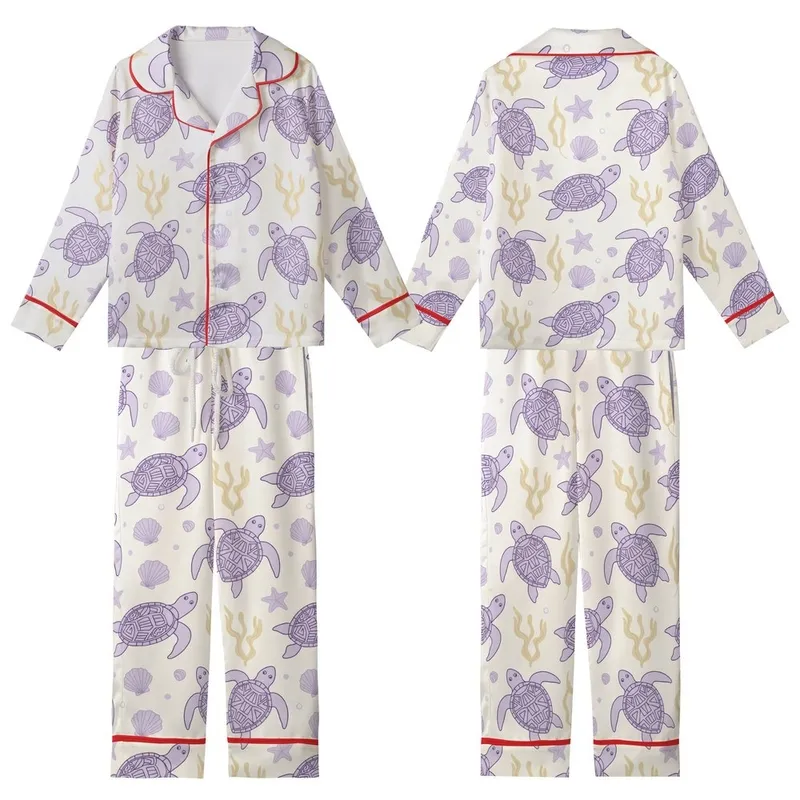 Women's Whimsical Lilac Sea Turtle & Seashell Print Cami with Ruffled Hem - Polyester Blend Sleep Set Kid Satin Pajamas Set - dvajt91KA_