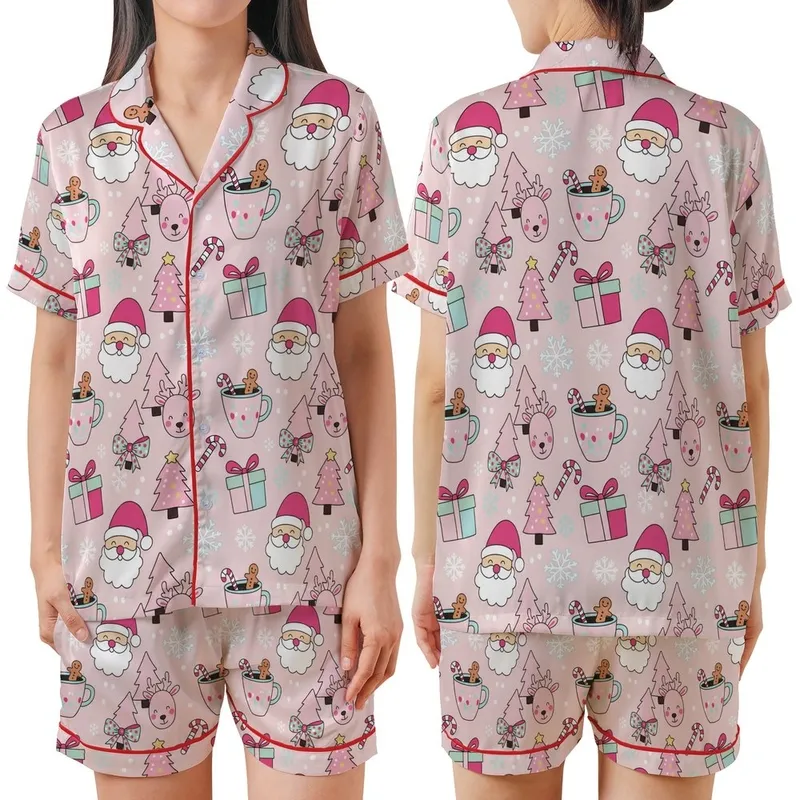 Women's Pastel Pink Whimsical Santa Reindeer Holiday Long Sleeve 2pc Pajama Set Satin Short-Sleeve Pajamas Set - 1