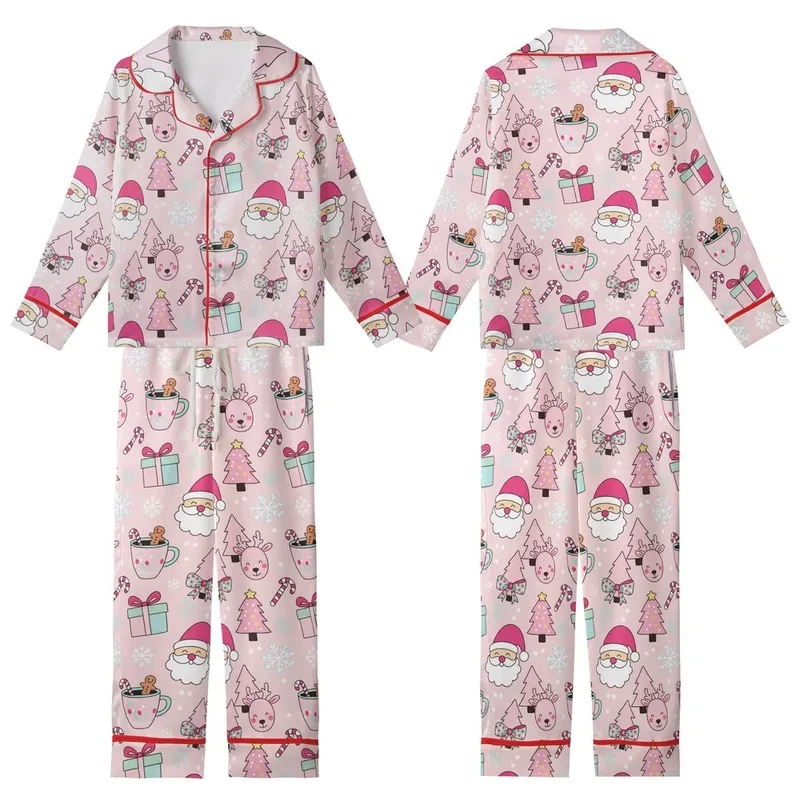 Women's Pastel Pink Whimsical Santa Reindeer Holiday Long Sleeve 2pc Pajama Set Kid Satin Pajamas Set - 1