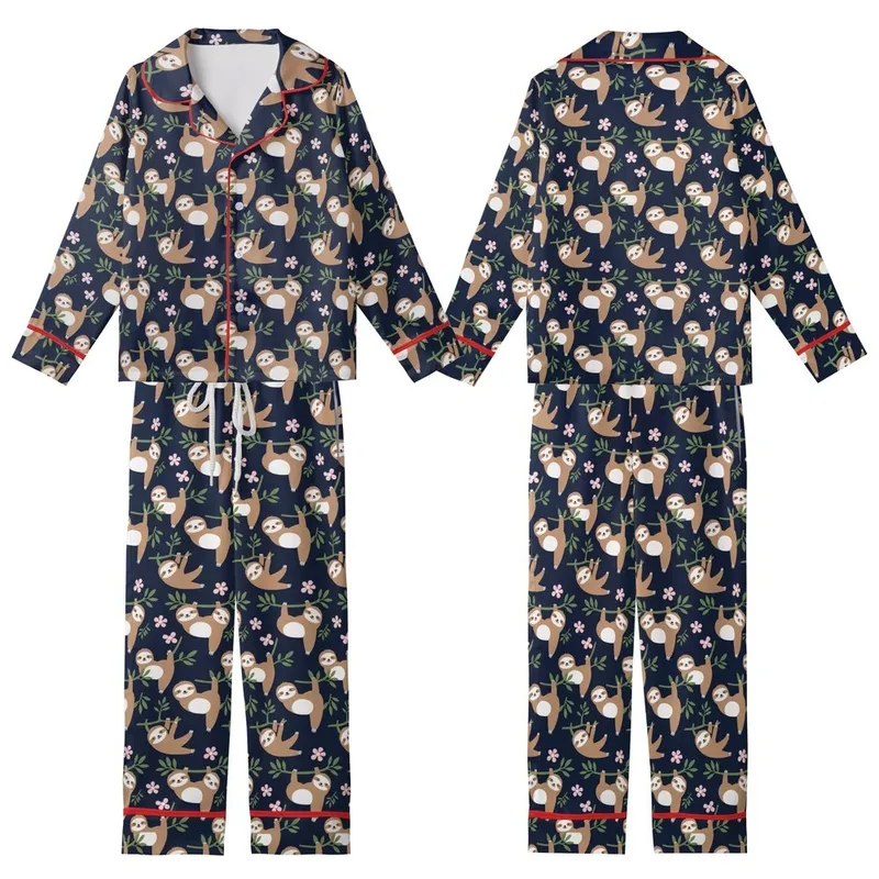 Sloth Lover's Adorable Flat Sloth & Tropical Foliage Navy Low Top Canvas Shoes Kid Satin Pajamas Set - HACzrF4-79
