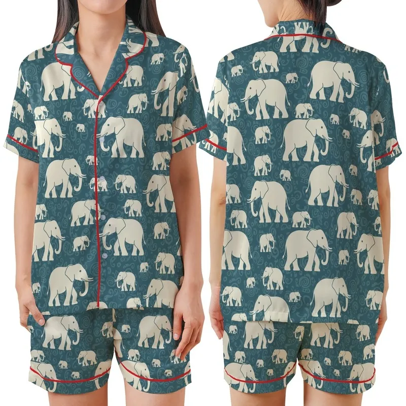 Women's Stylized Cream Elephant Pajamas: Desaturated Teal Paisley Sleep Set Satin Short-Sleeve Pajamas Set - 1