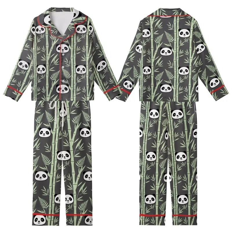 Panda Lover's Loungewear: Adorable Cartoon Panda Faces & Sage Green Bamboo Sleep Set Kid Satin Pajamas Set - 1