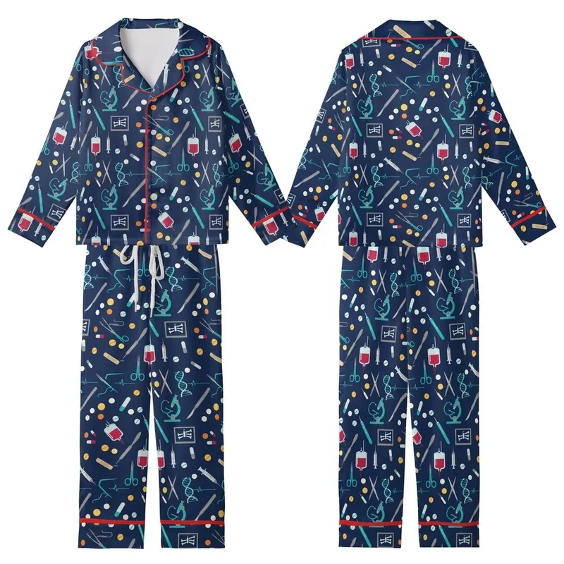 Nurse Low Top Canvas Shoes: Navy Medical Icon Pattern with Scalpel, Syringe, Stethoscope Kid Satin Pajamas Set - 1