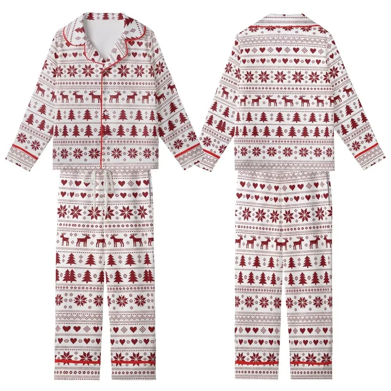 Women's Folkloric Fair Isle Christmas Pajamas: Reindeer Snowflake Long Sleeve Button-Front (White/Red) Kid Satin Pajamas Set - 1
