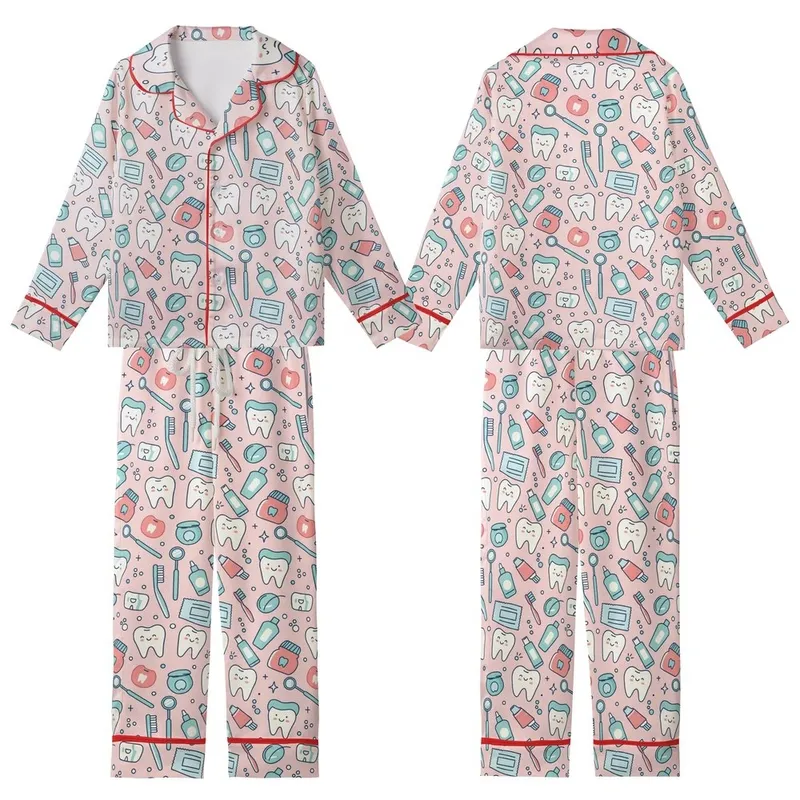 Women's Dentist Pajamas: Cute Pastel Pink Dental Tools & Happy Teeth Pattern Sleep Set Kid Satin Pajamas Set - 1