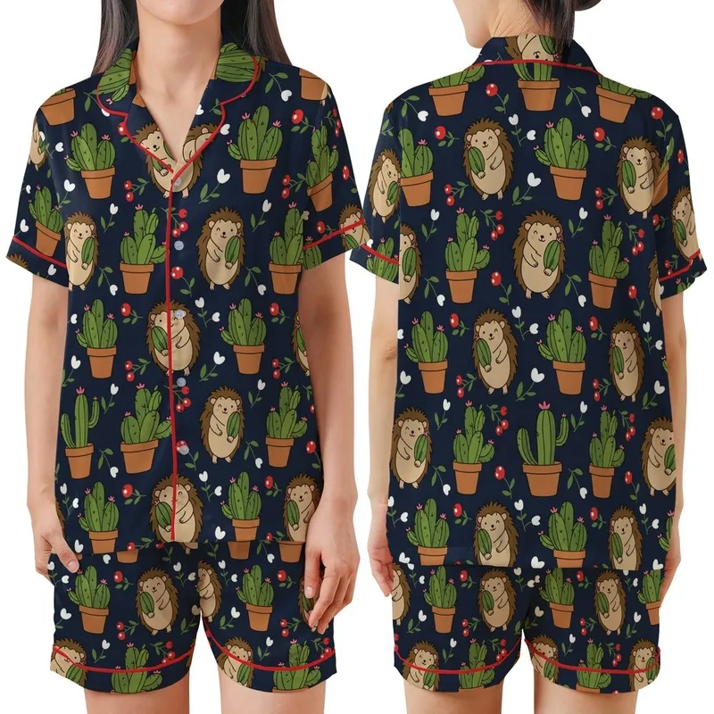 Hedgehog Lovers' Whimsical Navy Blue Cacti & Hedgehog Pattern with Red Berries Satin Short-Sleeve Pajamas Set - 1