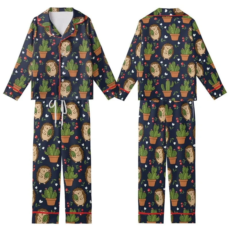 Hedgehog Lovers' Whimsical Navy Blue Cacti & Hedgehog Pattern with Red Berries Kid Satin Pajamas Set - 1