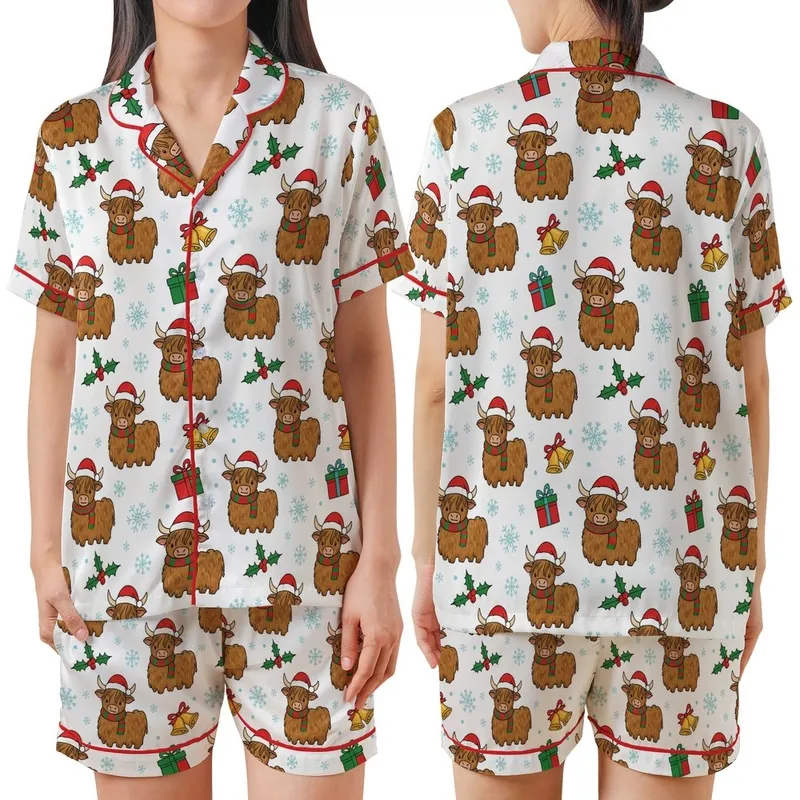 Highland Cow Christmas Pajamas: Whimsical Santa Hat & Scarf Pattern Satin Short-Sleeve Pajamas Set - 1