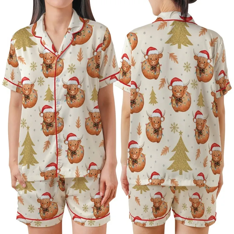 Cozy Christmas Lovers' Whimsical Watercolor Highland Cow Santa Hat Lights Glitter Satin Short-Sleeve Pajamas Set - 1