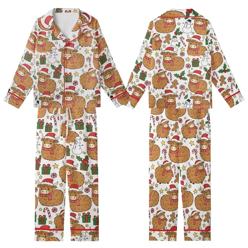 Holiday Animal Lovers' Cute Fluffy Highland Cow Christmas Pattern in Red, Green, Brown Cartoon Style Kid Satin Pajamas Set - 1