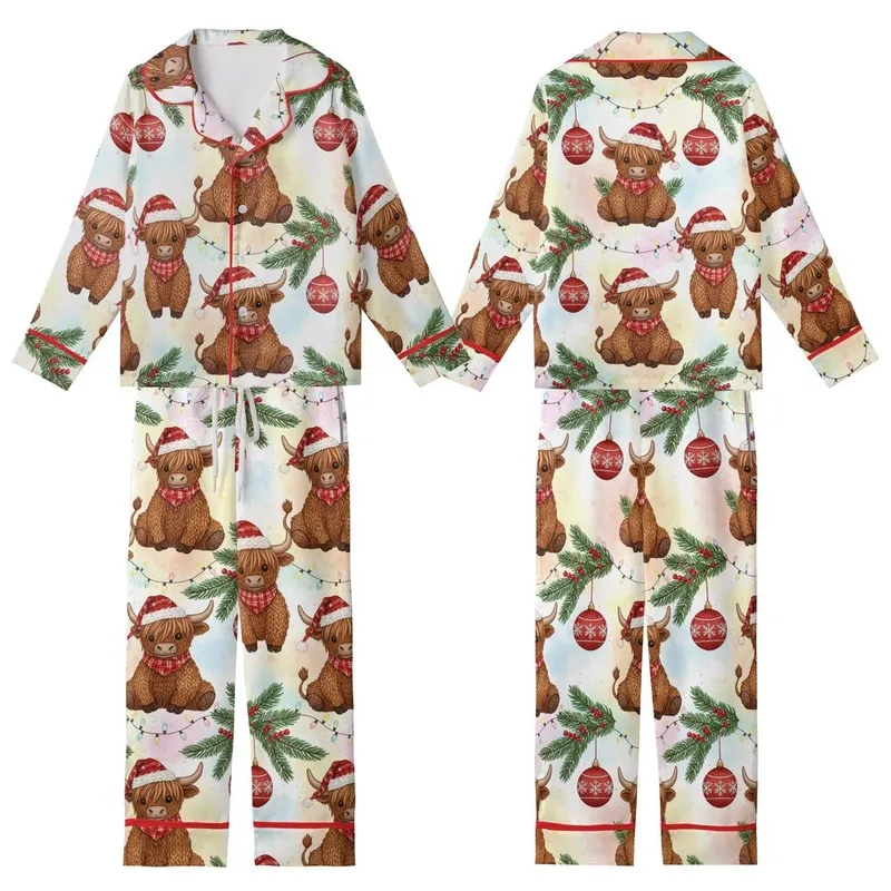 Cow Lover's Christmas Pajama Set: Faux Yarn Knitted Highland Cow & Snowflake Pattern Kid Satin Pajamas Set - 1