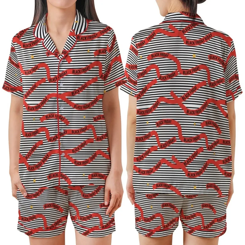 Women's Halter V-Neck Striped Red Ribbon Black Friday Motif Golden Charm Pajama Lounge Wear Satin Short-Sleeve Pajamas Set - 1