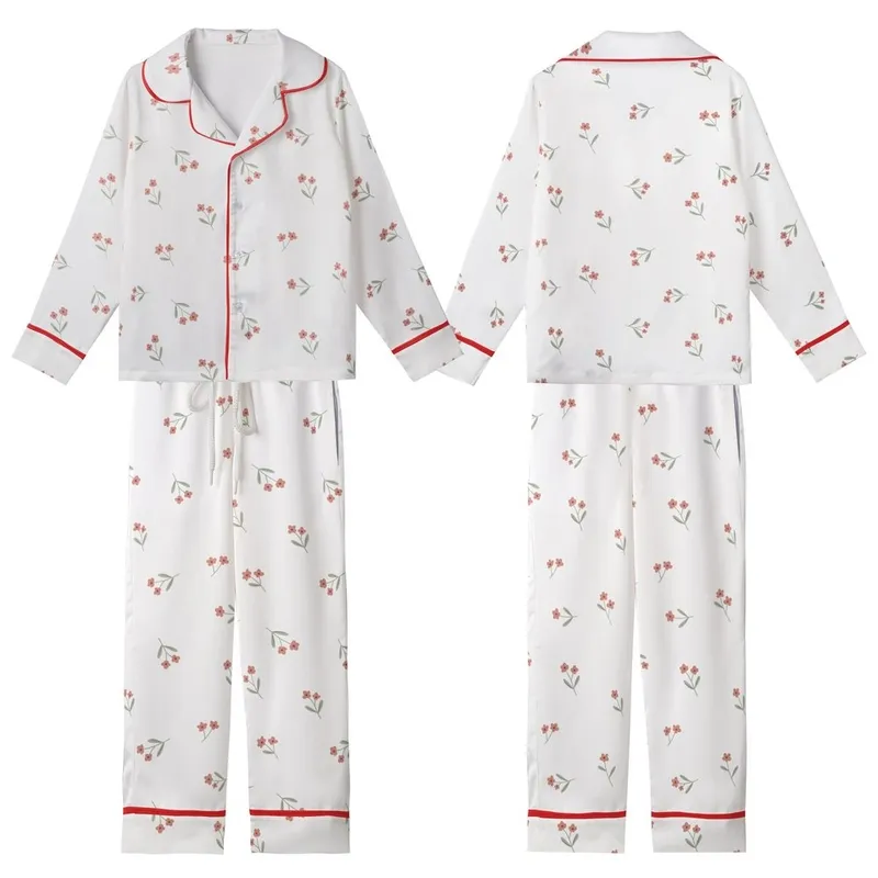 Women's Delicate Muted Floral Sprigs Pattern Silky Short Sleeve Long Pants Pajamas Set Kid Satin Pajamas Set - 1