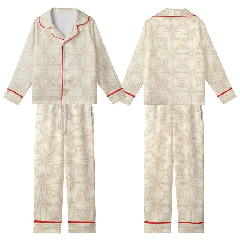 Spring Lounge V-Neck Ribbed Set: Subtle Beige Geometric Grid Pattern - Straight Leg Pajamas Kid Satin Pajamas Set - 1