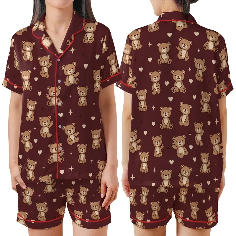 Women's Plus Size Pajamas: Seamless Dark Maroon Teddy Bear, Heart & Star Print Short Sleeve Sleep Set Satin Short-Sleeve Pajamas Set - 1