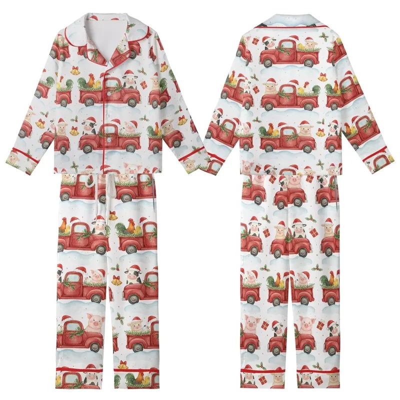 Farm Lover Christmas Sleep Set: Watercolor Santa Farm Animals & Vintage Red Trucks Kid Satin Pajamas Set - 1