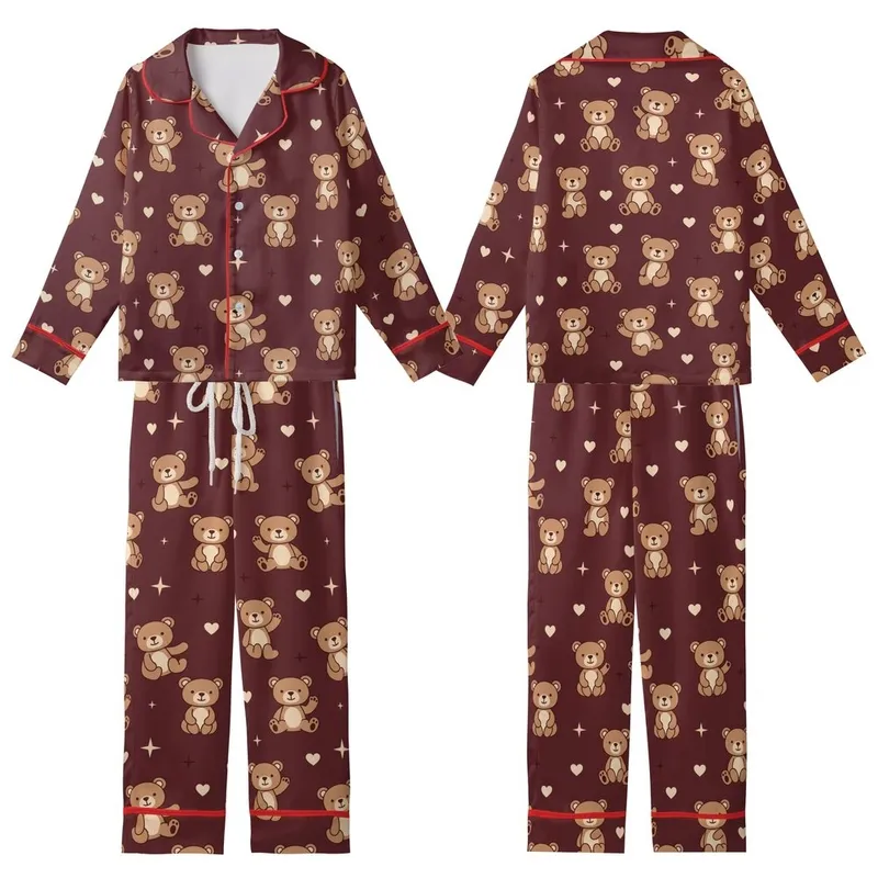 Women's Plus Size Pajamas: Seamless Dark Maroon Teddy Bear, Heart & Star Print Short Sleeve Sleep Set Kid Satin Pajamas Set - 1