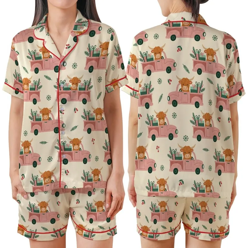 Women's Mooey Christmas Pajamas: Faux Yarn Highland Cow & Pink Truck Sleep Set Satin Short-Sleeve Pajamas Set - 1