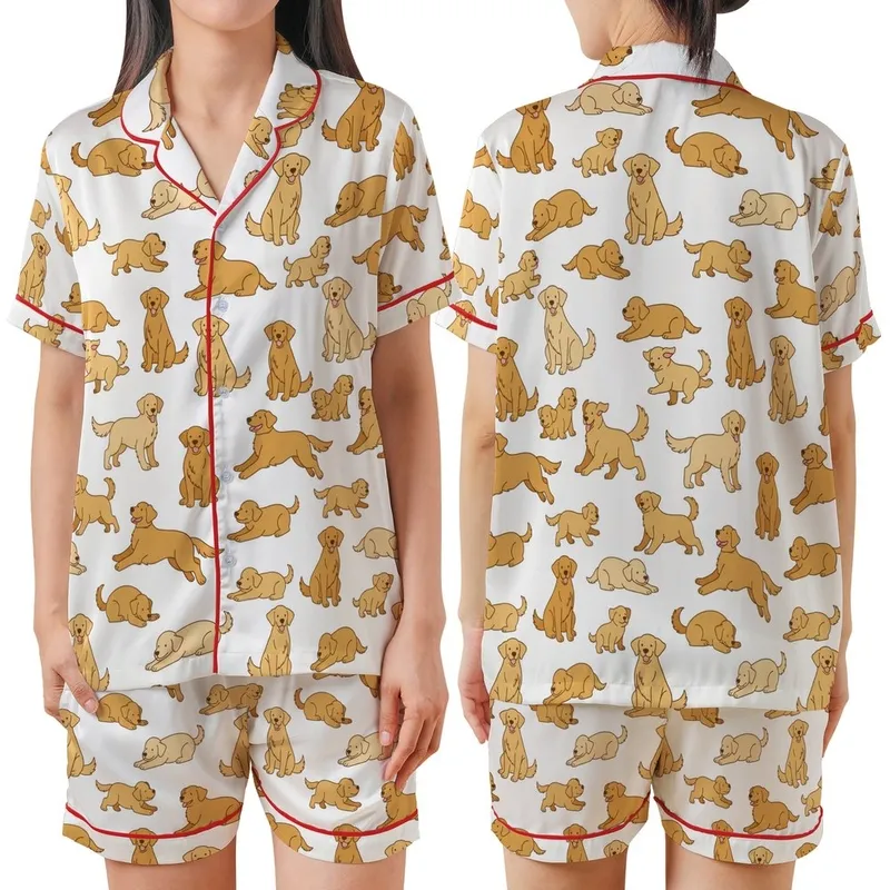 Golden Retriever Lover Satin Short-Sleeve Sleep Set: Cheerful Flat Dog & Puppy Print Satin Short-Sleeve Pajamas Set - x_hLxzYft1