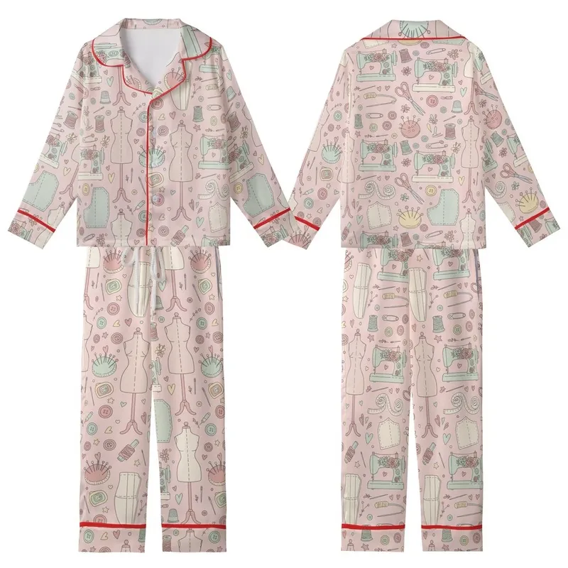 Sewing Enthusiast's Blush Pink Pastel Vintage Sewing Machine Tailoring Tools Kid Satin Pajamas Set - 1