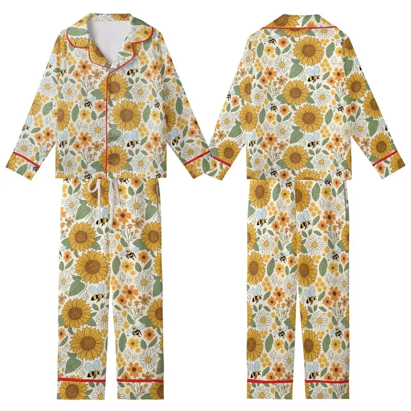Women's Vintage Boho 60s 70s Sunflower Daisy Honeybee Meadow Silky Kid Satin Pajamas Set - 1