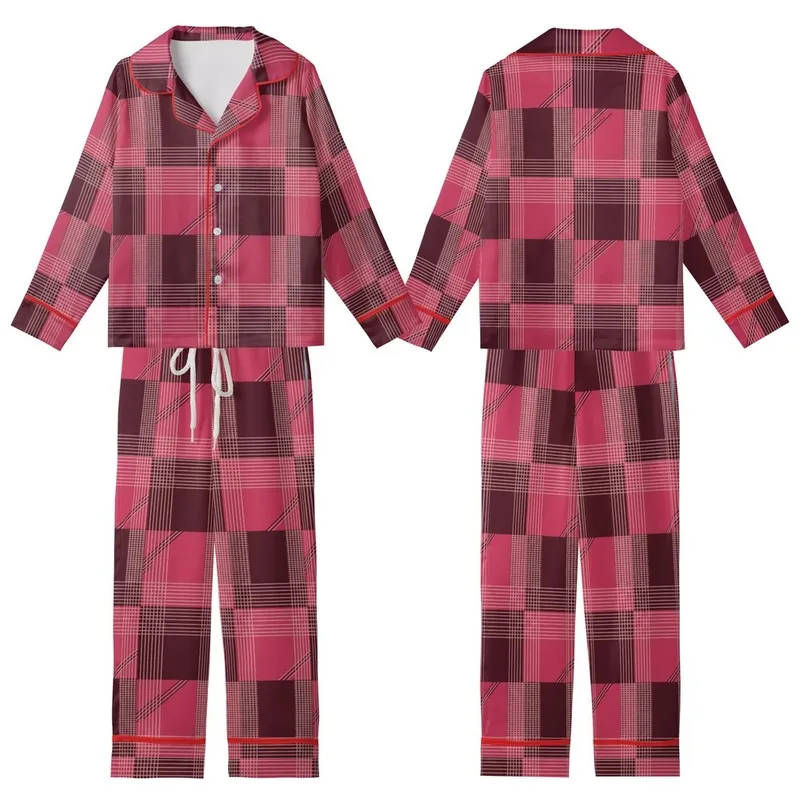 Women's Deep Maroon & Pink Geometric Plaid Satin Short-Sleeve Sleep Set Kid Satin Pajamas Set - 1