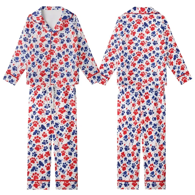 Dog Lover Mom's Scarlet Red Indigo Blue Watercolor Paw Print All-Over Satin Short-Sleeve Pajamas Set Kid Satin Pajamas Set - 1