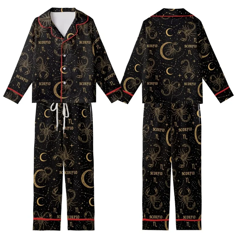 Scorpio Woman's Satin Two-Piece Sleep Set: Gold Celestial Scorpion & Constellation Design Kid Satin Pajamas Set - 1