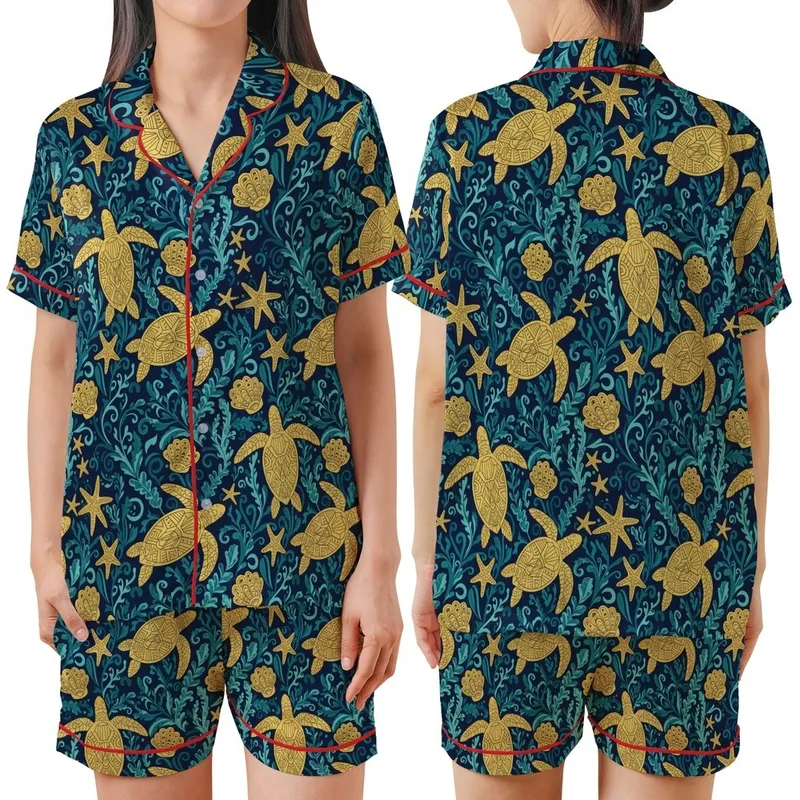 Women's Golden Sea Turtle Starfish Navy Aqua Teal Ornate Marine Foliage Design Satin Short-Sleeve Pajamas Set - 1