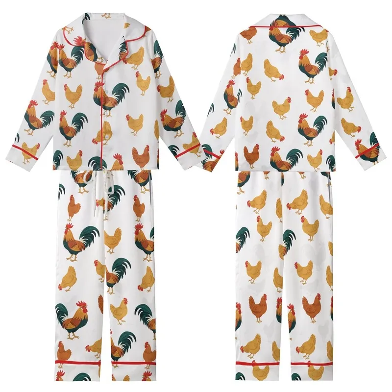 Farmhouse Charm: Vibrant Storybook Roosters, Pecking Hens, Red Combs & Teal Tails  Garment Kid Satin Pajamas Set - 1