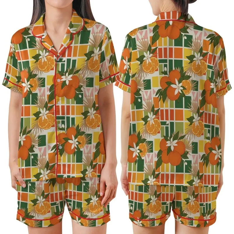 Women's Illustrative Hand-Drawn Orange Fruit & Tropical Botanical Geometric Satin Short-Sleeve Pajamas Set - 1