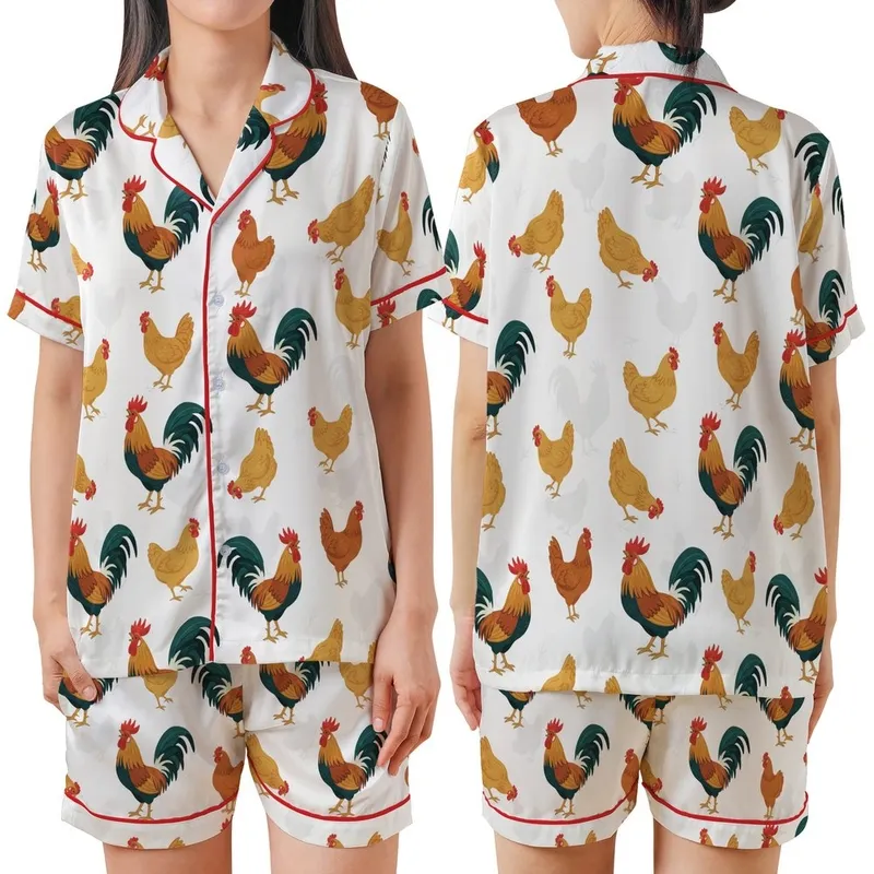 Farmhouse Charm: Vibrant Storybook Roosters, Pecking Hens, Red Combs & Teal Tails  Garment Kid Satin Pajamas Set - 1